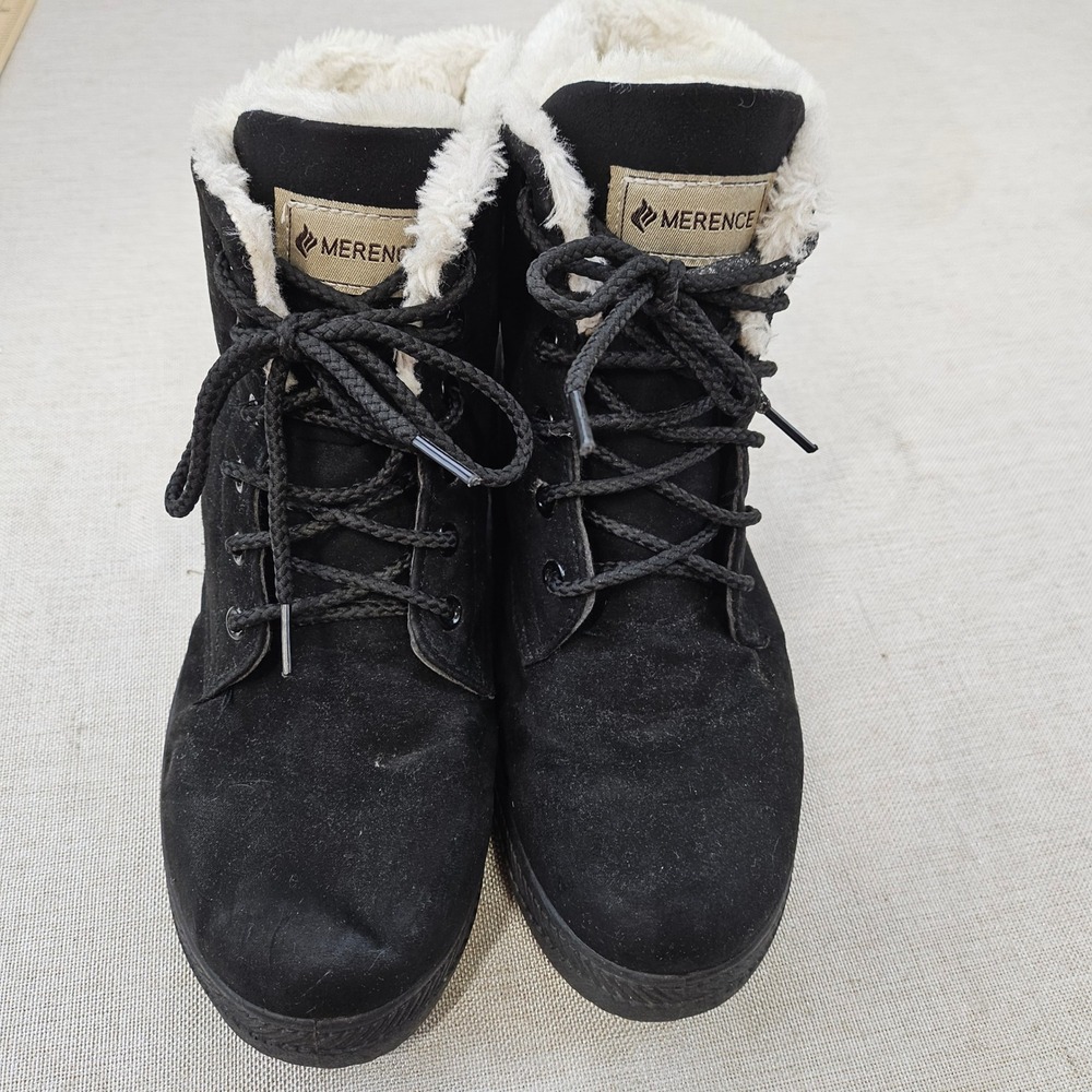 Merence Womens Ankle Boots Black Faux Fur Lined Lace Up Lug‎ Sole EU 40 / 9.5